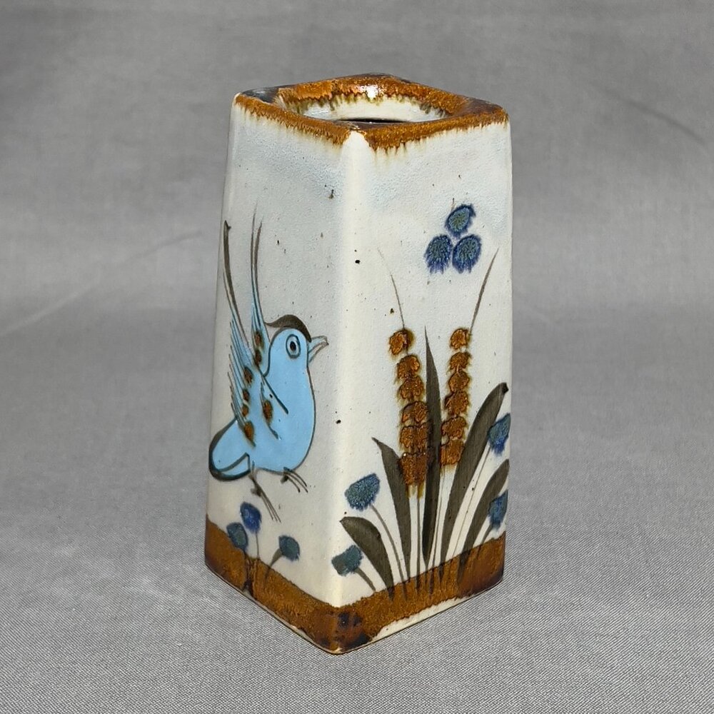 Ken Edwards Stoneware Pottery Bird Butterfly Square Vase Folk Art Tonala Mexico